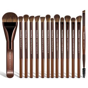 Maange 14pcs Coffee Premium Synthetic Makeup Brushes Set With Aluminum Ferrule